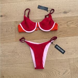 One One - Color Block Underwire Bikini Top & Bottoms Set in Red Orange & Pink
